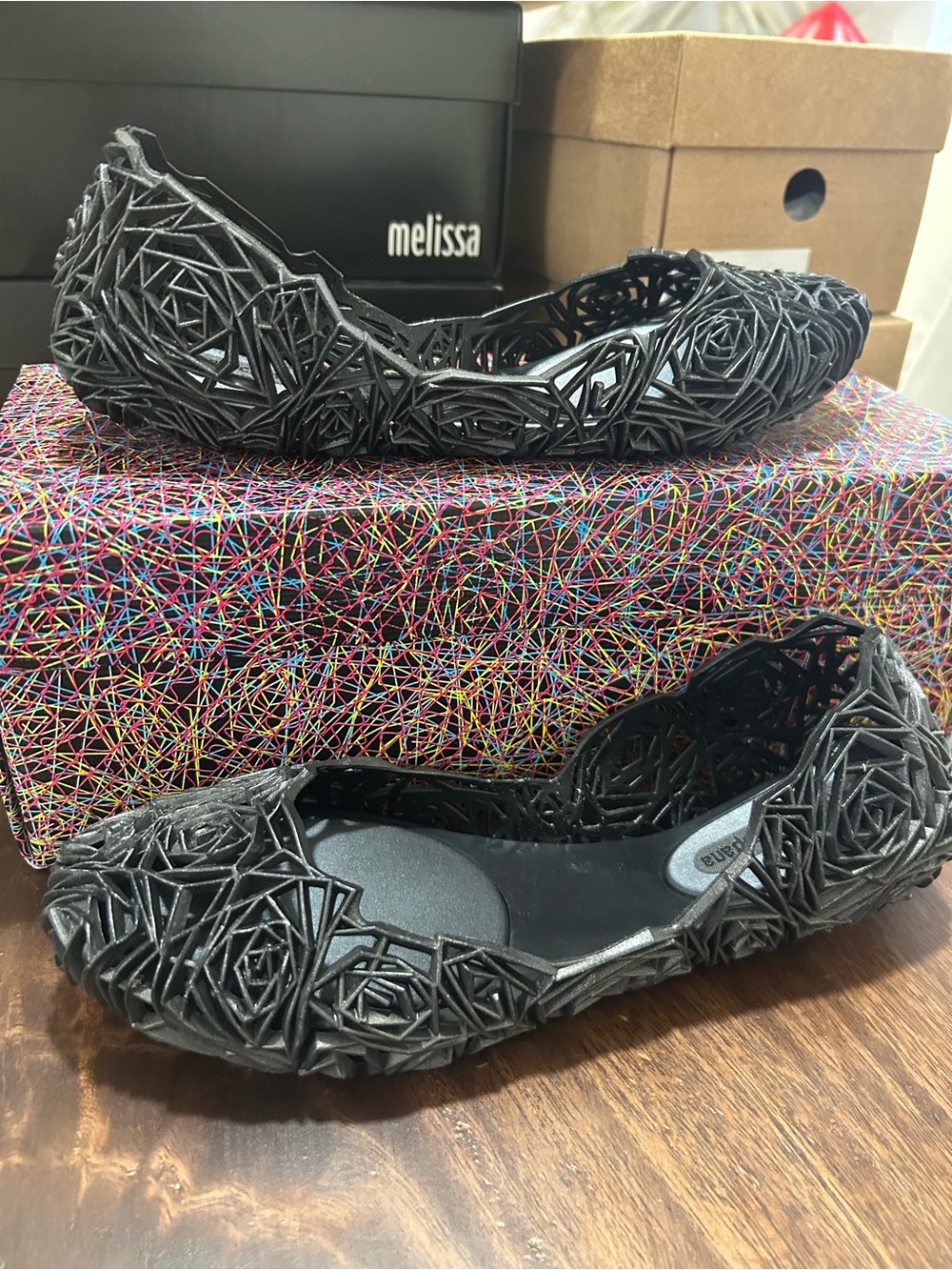 Melissa + Campana Black Floral Rose Jelly Flats NWT